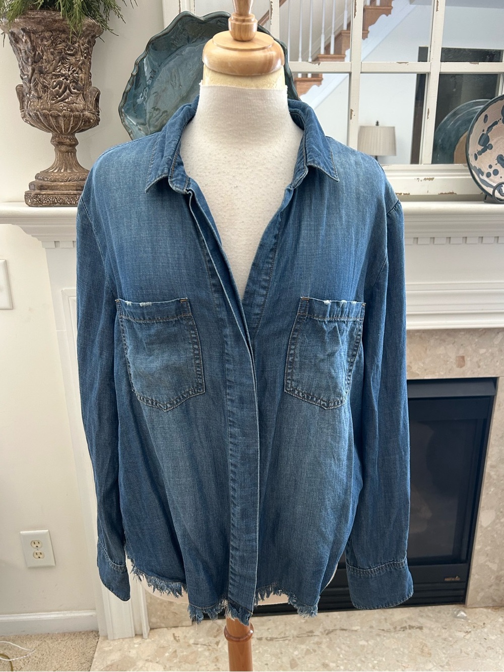 cloth & stone Washed Blue Denim Button-Down frayed hem Shirt